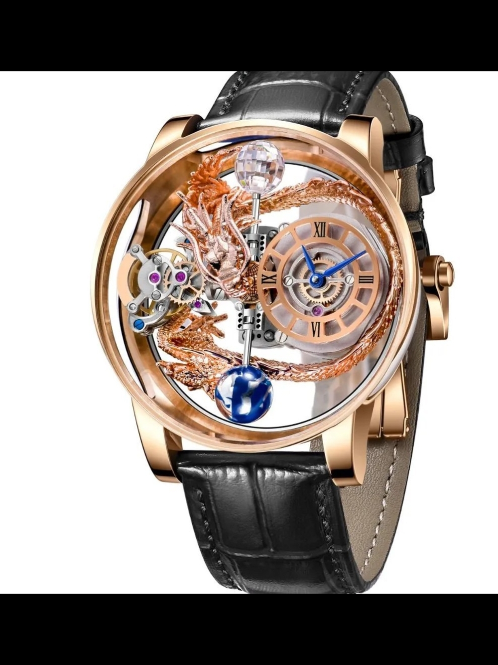 Montres Prestige Skeleton Dragon Mens 46mm Watch in Rose Gold & Black